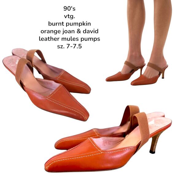 90'S VTG. BURNT ORANGE PUMPKIN POINTED TOE KITTEN MULES PUMPS  JOAN & DAVID7-7.5 - Picture 1 of 9